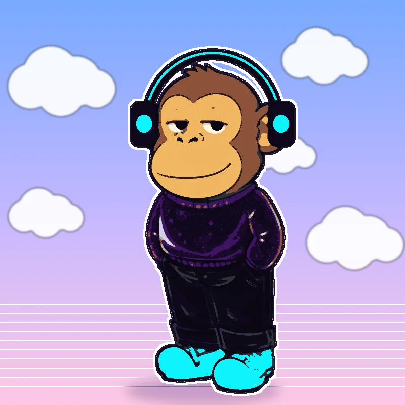 Chill Mono #0004: Cel-shaded Mono with headphones under a lavender sky.